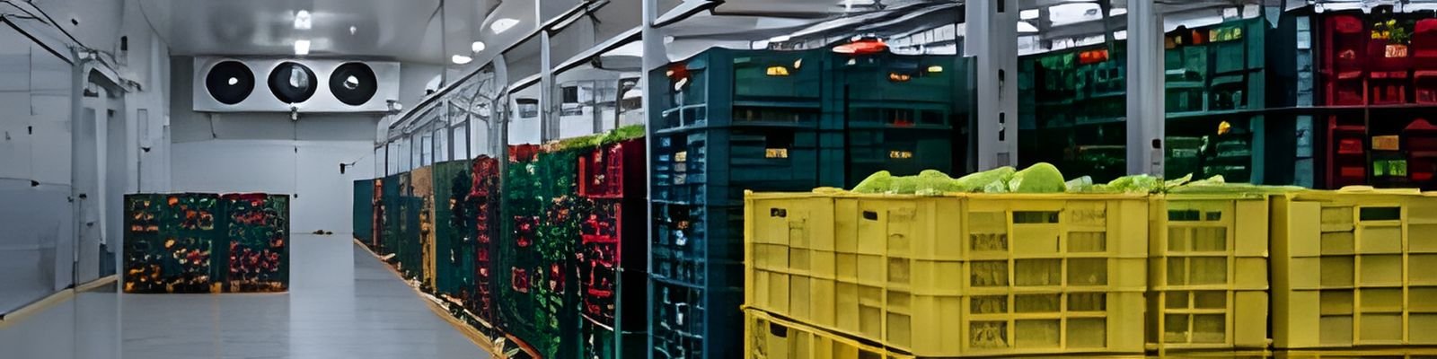 Rows of green, blue and yellow fruit crates inside a cold storage chamber