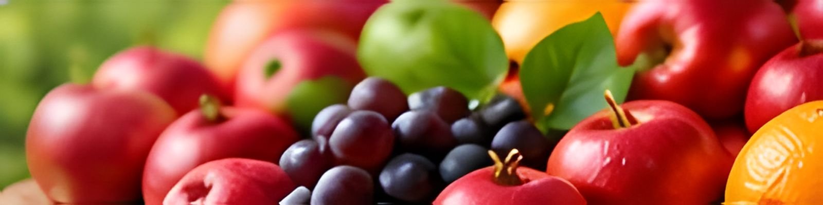 Fresh red apples, dark grapes and oranges