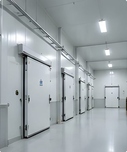 Insulated cold storage chamber doors inside the Nehjit Agro cold storage facility