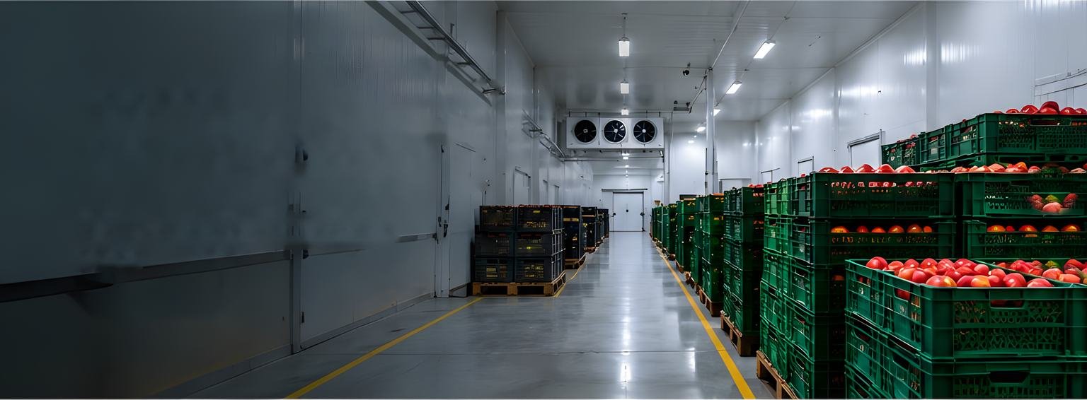 Cold storage corridor in Maharashtra lined with green crates of fresh apples at Nehjit Agro