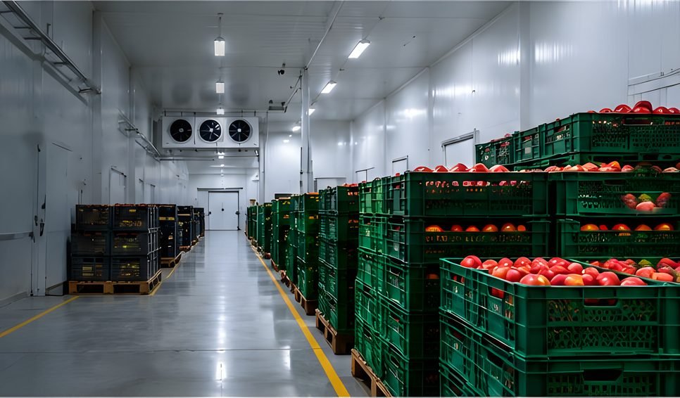 Controlled atmosphere storage chamber with stacked fruit crates for CA storage in India
