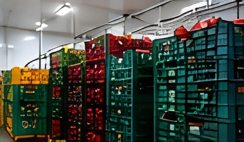 Stacked green, red and yellow crates of fruit in a cold storage chamber